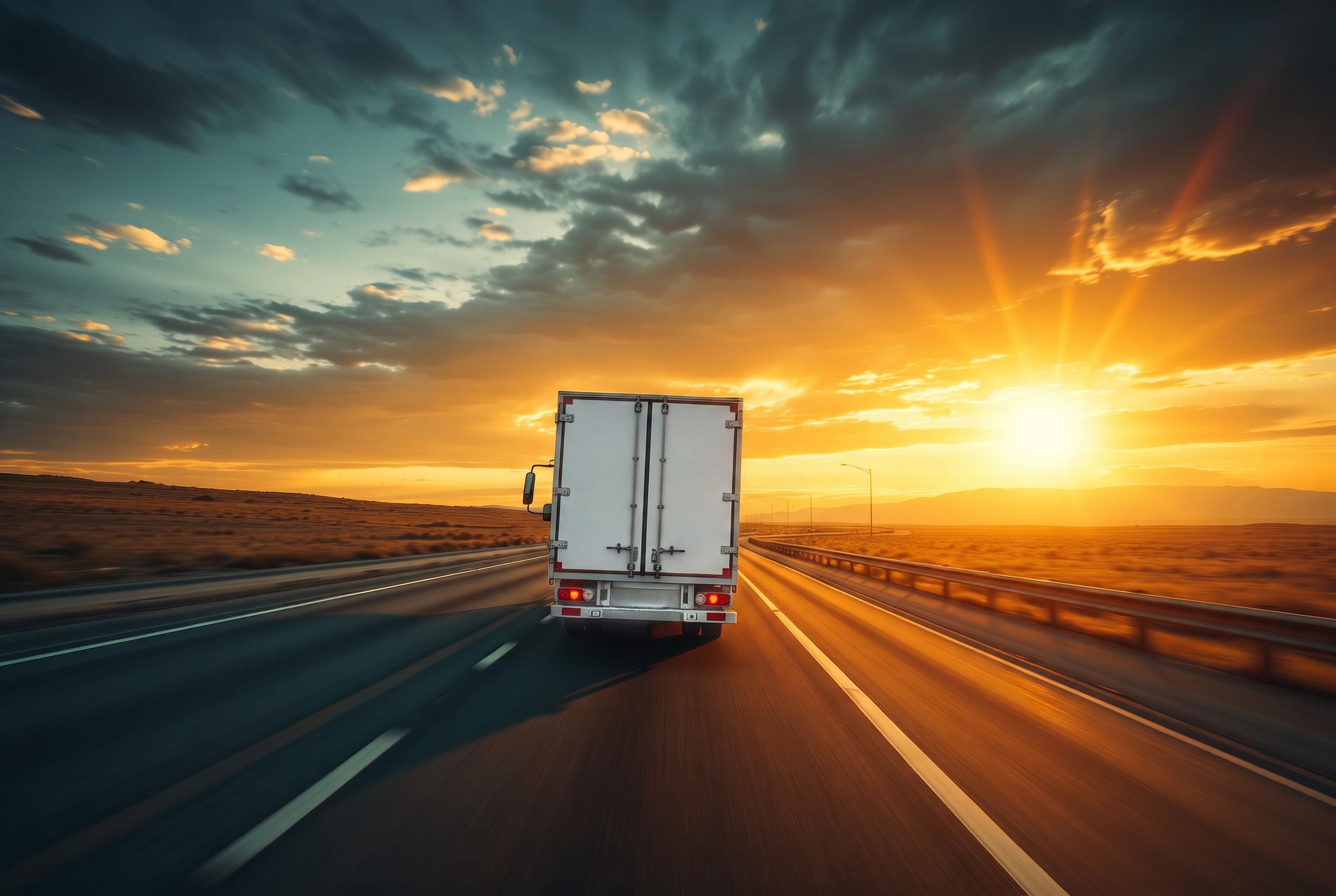 Box truck driving cross-country highway at sunset