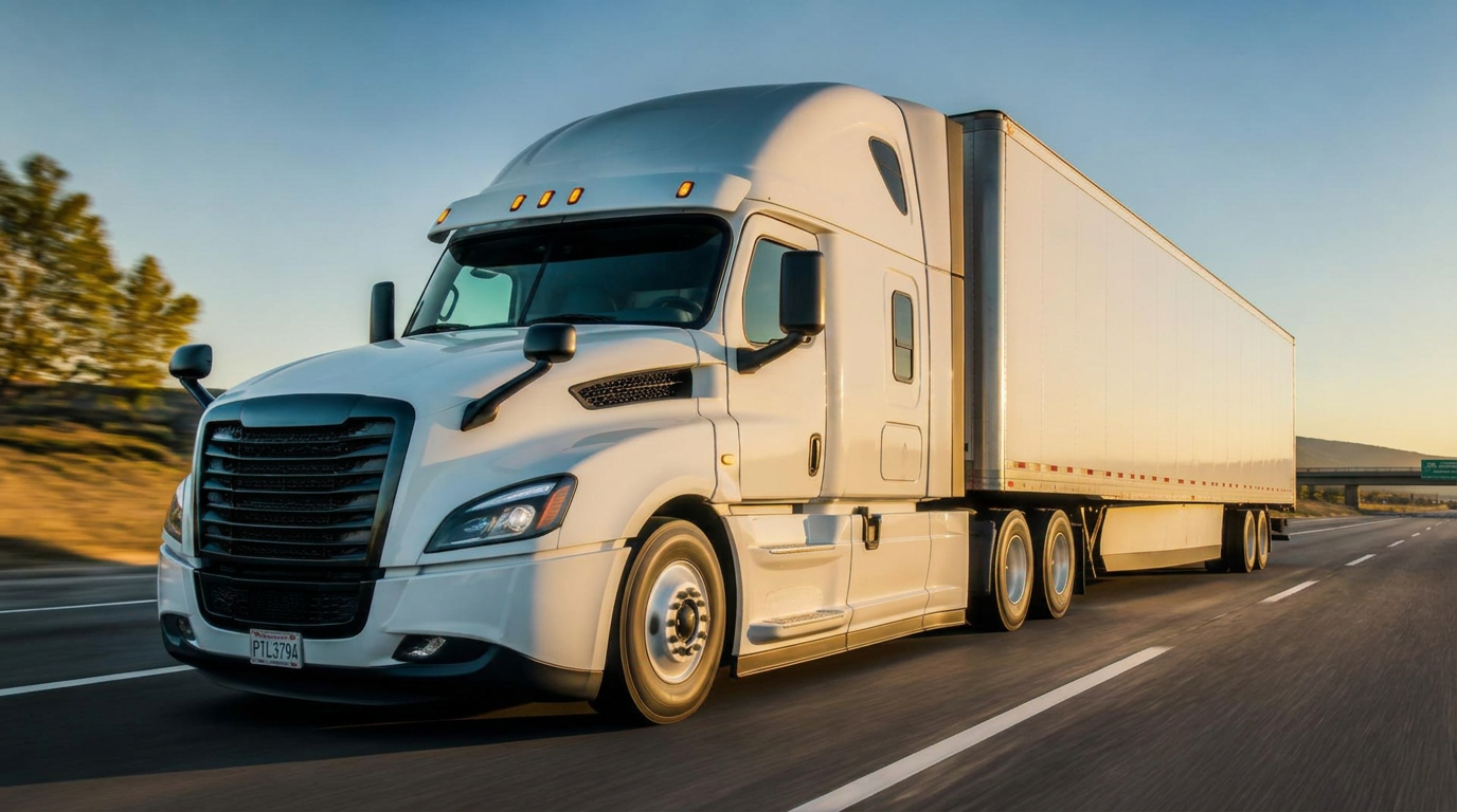 Modern semi truck with dry van trailer on the interstate